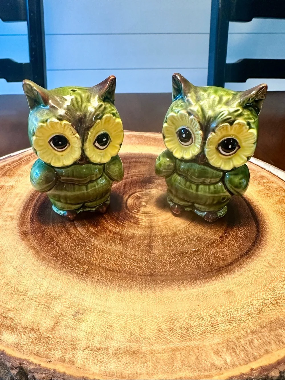 Vintage Mid-Century Green Ceramic Owl Salt & Pepper Shakers Made in Japan